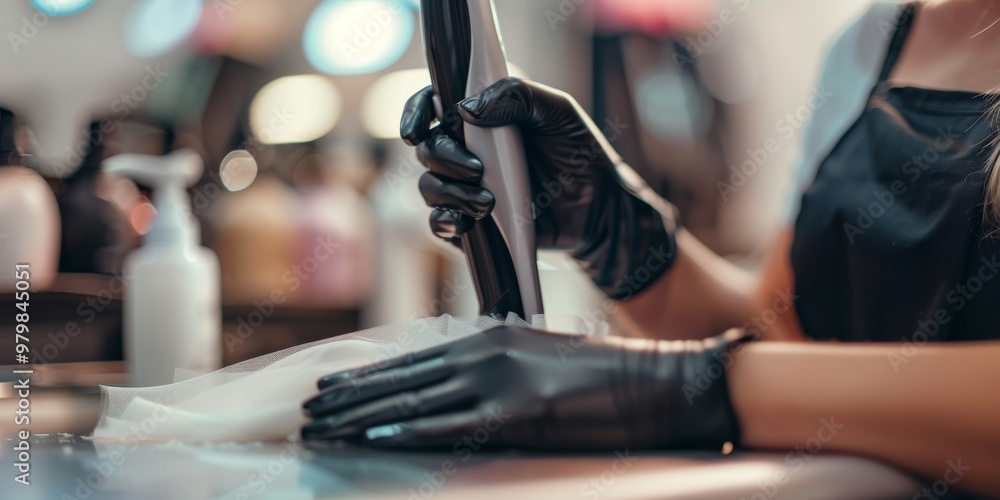 A closeup shot shows hands with black gloves holding an iron, lying on a table at a beauty salon while doing a manicure. The facial expression is focused, with a white nail polish bottle and bright li A closeup shot shows hands with black gloves holding an iron, lying on a table at a beauty salon while doing a manicure. The facial expression is focused, with a white nail polish bottle and bright li