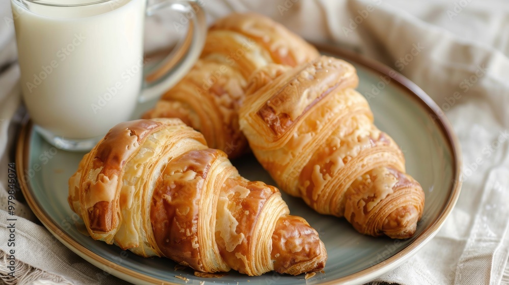 Breakfast consisting of homemade croissants accompanied by a cup of milk Breakfast consisting of homemade croissants accompanied by a cup of milk