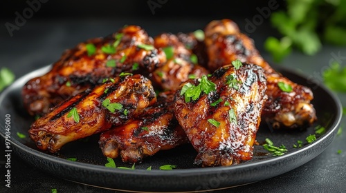 grilled sticky chicken wings on a plate, set against a dark background