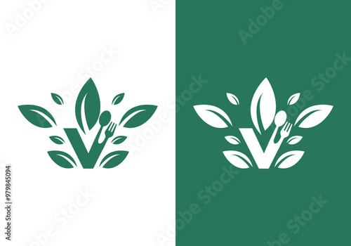 healthy food logo design with spoon and leaf elements. V letter combination for Vegan initials