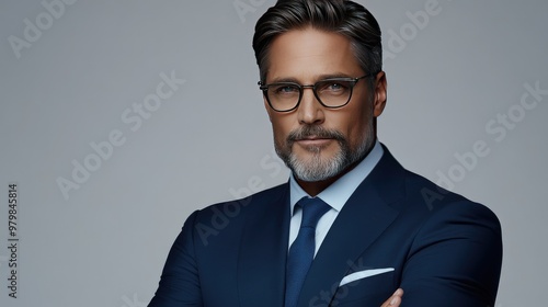 A handsome senior man smiles happily, wearing a casual suit and blazer while standing confidently with his arms crossed in a studio setting