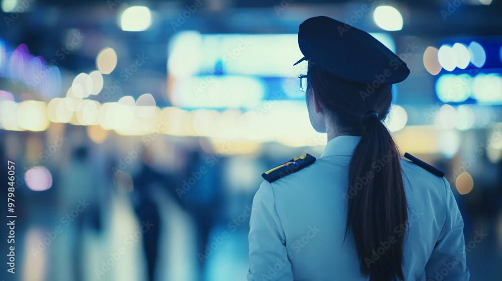 Female security guard is monitoring a crowded public space, ensuring the safety of the people Female security guard is monitoring a crowded public space, ensuring the safety of the people