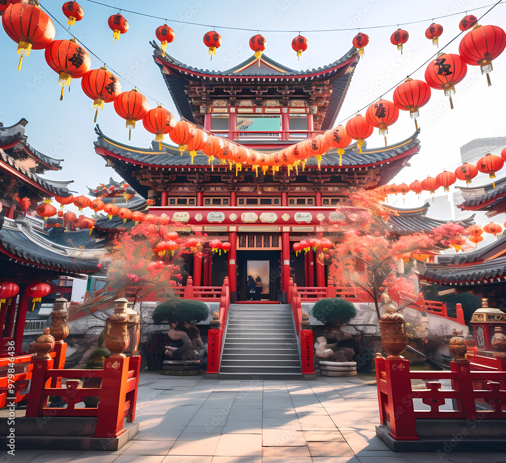 Fototapeta premium Traditional Chinese temple adorned with red lanterns for Chinese New Year celebration