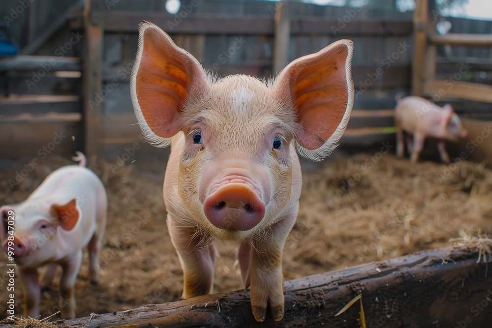 A cute piglet with big ears and a pink nose is sitting on the edge of its pen, looking at you curiously. The background shows other pigs in their own fences. This photo was taken using a Canon EOS R5 A cute piglet with big ears and a pink nose is sitting on the edge of its pen, looking at you curiously. The background shows other pigs in their own fences. This photo was taken using a Canon EOS R5