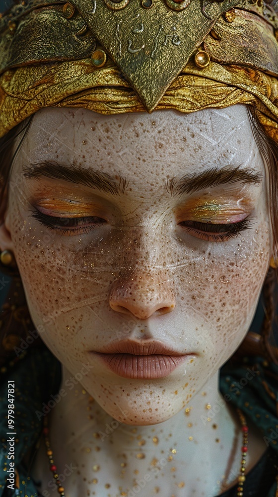 Close Up Portrait of a Woman with Golden Makeup and Headband Close Up Portrait of a Woman with Golden Makeup and Headband