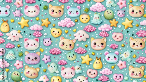 A whimsical and colorful pattern featuring adorable cartoon animals, clouds, and stars on a light blue background.