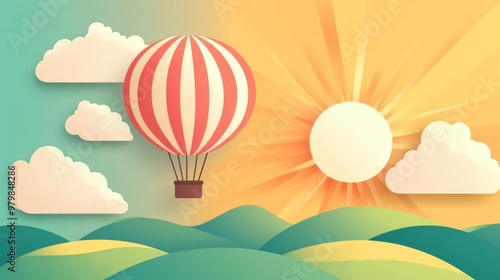 Colorful illustration of a hot air balloon floating over rolling hills under a vibrant sunrise with fluffy clouds in the sky.