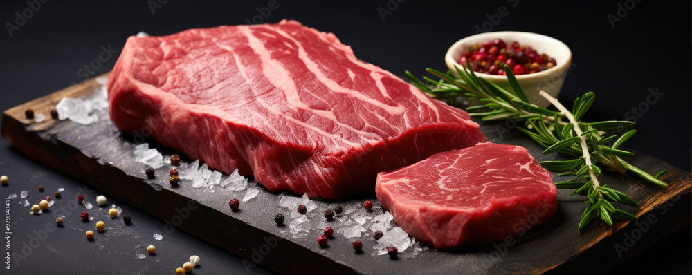 Obraz premium Raw beef steak on dark background with salt pepper and herbs