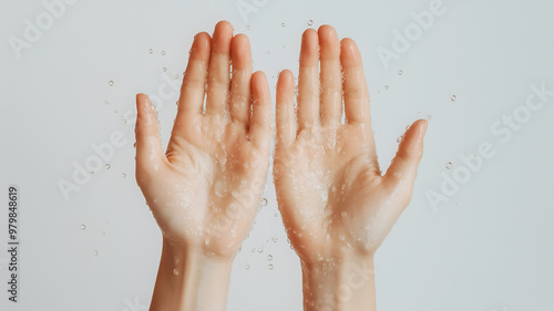 A pair of sweaty hands with water droplets splashing around them. photo