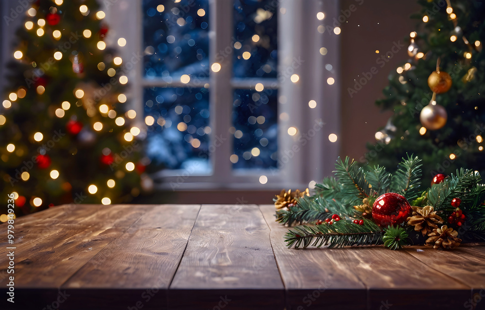 Empty wooden table, cones, ball christmas tree, lights on background, blurred bokeh. Christmas mock up banner to display, advertise product, promotion sale, presentation. New year, winter backgrounds. Empty wooden table, cones, ball christmas tree, lights on background, blurred bokeh. Christmas mock up banner to display, advertise product, promotion sale, presentation. New year, winter backgrounds.