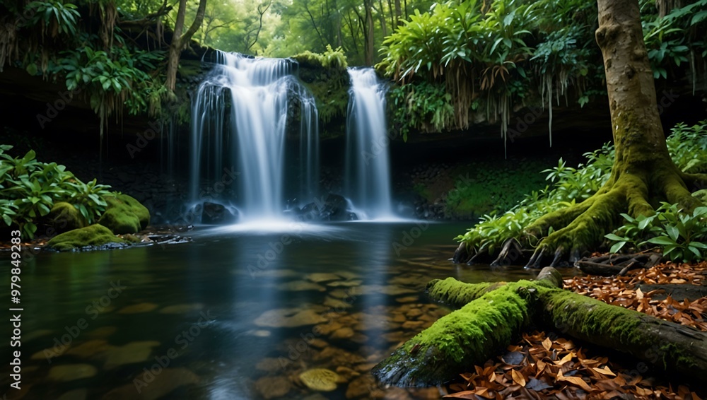 Scenic waterfall in a lush forest. Scenic waterfall in a lush forest.