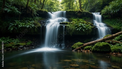 Scenic waterfall in a lush forest.