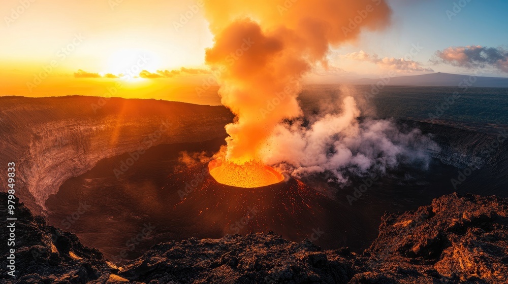 Fototapeta premium A panoramic shot of an active volcano at dawn, with the sky glowing orange and the volcano spewing ash into the air