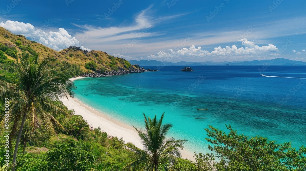 A panoramic view of a tropical beach with palm trees, white sand, and the bright blue sea stretching into the distance A panoramic view of a tropical beach with palm trees, white sand, and the bright blue sea stretching into the distance