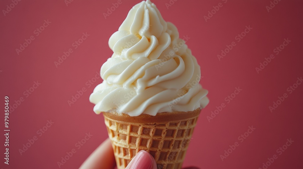 hand holding Soft serve Yoghurt Ice cream swirl on waffle cone on red background hand holding Soft serve Yoghurt Ice cream swirl on waffle cone on red background