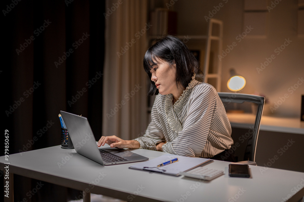 Asian businesswoman working late using laptop computer in office at night Asian businesswoman working late using laptop computer in office at night