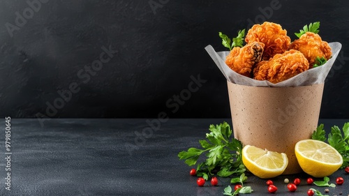 Delicious fried chicken served in a rustic bucket, garnished with fresh lemon and herbs for a mouthwatering presentation. photo