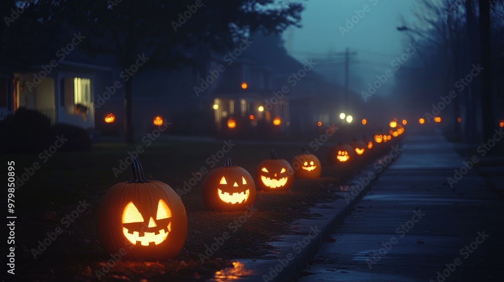 A row of pumpkins glowing in the night on a foggy street, with spooky houses and Halloween lights in the background A row of pumpkins glowing in the night on a foggy street, with spooky houses and Halloween lights in the background
