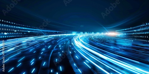 A digital highway of data streams leading to the horizon, symbolizing fast and advanced internet speed in blue tones. The background is dark with binary code and light streaks representing moving info