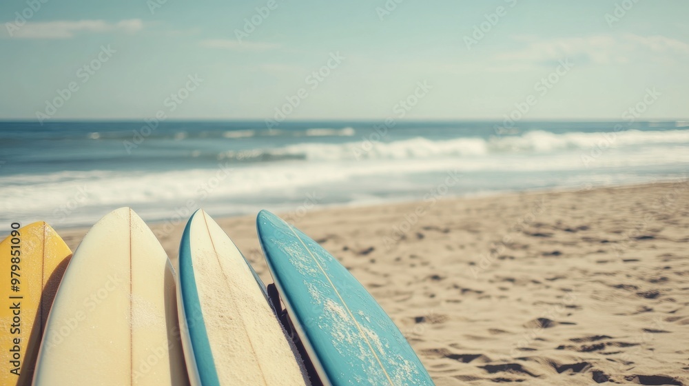 A row of surfboards lined up in the sand, with the ocean and rolling waves in the background, ready for action A row of surfboards lined up in the sand, with the ocean and rolling waves in the background, ready for action