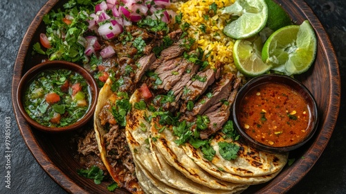 Mexican birria plate with its sauce on the side, portraying delicious street food photo