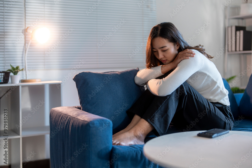 Fototapeta premium Young businesswoman feeling sad and depressed while sitting on sofa in living room
