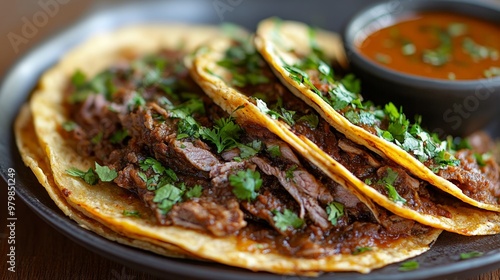 Mexican birria plate with its sauce on the side, portraying delicious street food photo