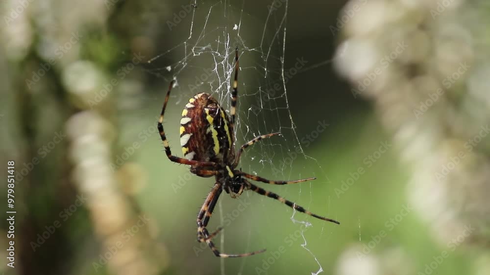 Wasp spider (Argiope bruennichi) on web. Black and yellow stripe. Large, colorful spider
Wasp spider (Argiope bruennichi) on web. Black and yellow stripe. Large, colorful spider