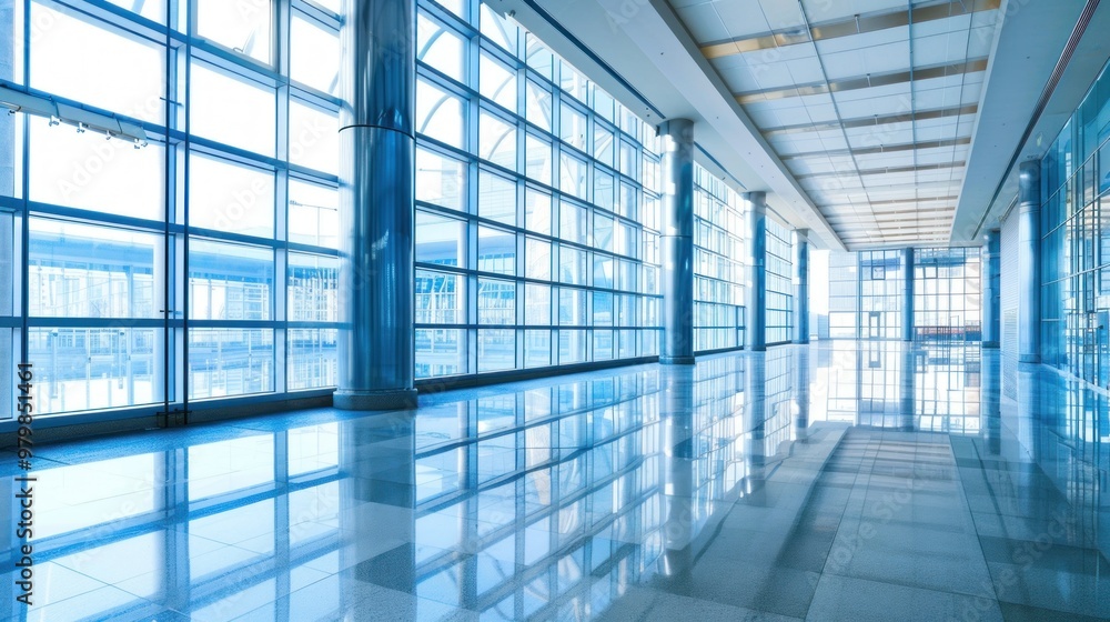 A large, empty, and very clean lobby with a lot of windows