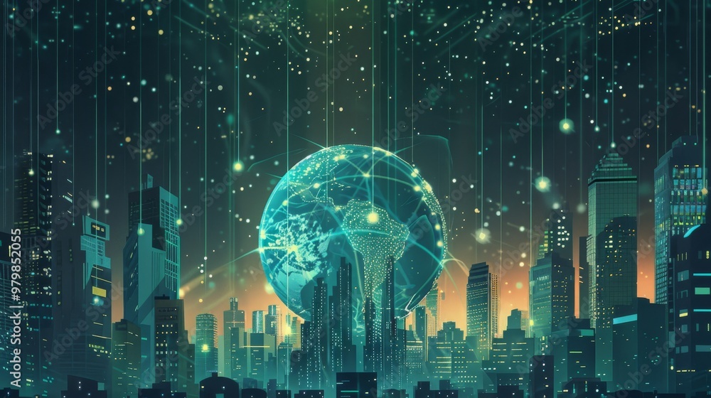 A digital illustration of the Earth surrounded by city skyscrapers connected through glowing data streams, symbolizing global connectivity and AIpowered innovation in urban areas. The background is da A digital illustration of the Earth surrounded by city skyscrapers connected through glowing data streams, symbolizing global connectivity and AIpowered innovation in urban areas. The background is da