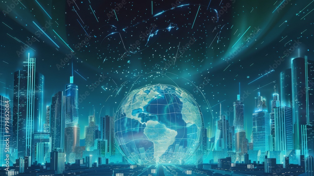 A digital illustration of the Earth surrounded by city skyscrapers connected through glowing data streams, symbolizing global connectivity and AIpowered innovation in urban areas. The background is da A digital illustration of the Earth surrounded by city skyscrapers connected through glowing data streams, symbolizing global connectivity and AIpowered innovation in urban areas. The background is da