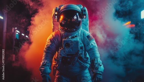 Picture of astronaut - man or woman in suit with helmet, cosmic gas around
