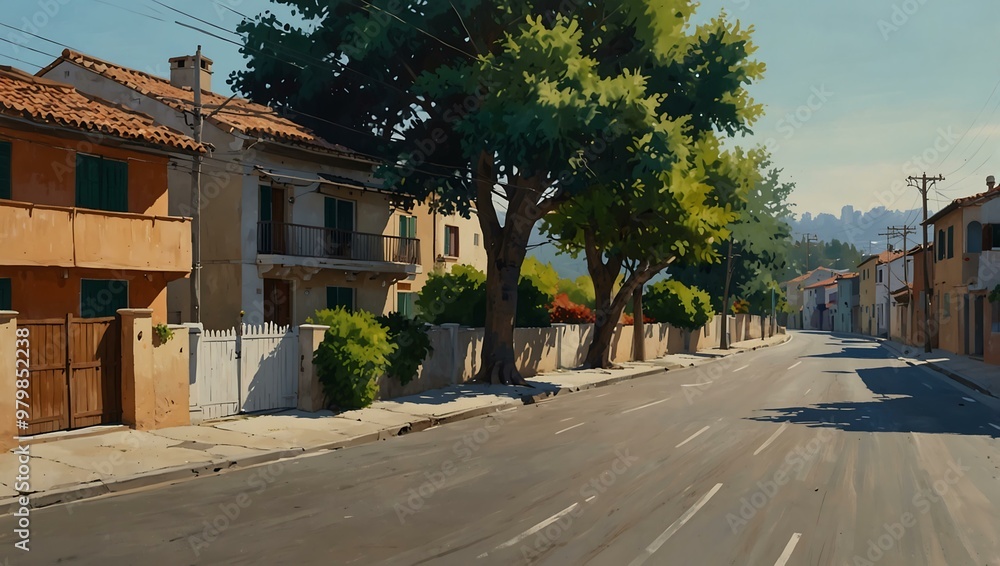 Serene painting of a street with houses and a tree. Serene painting of a street with houses and a tree.