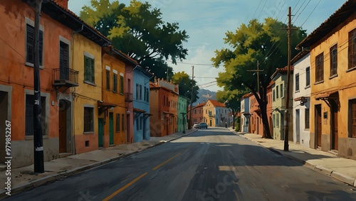 Serene painting of a street with houses and a tree.