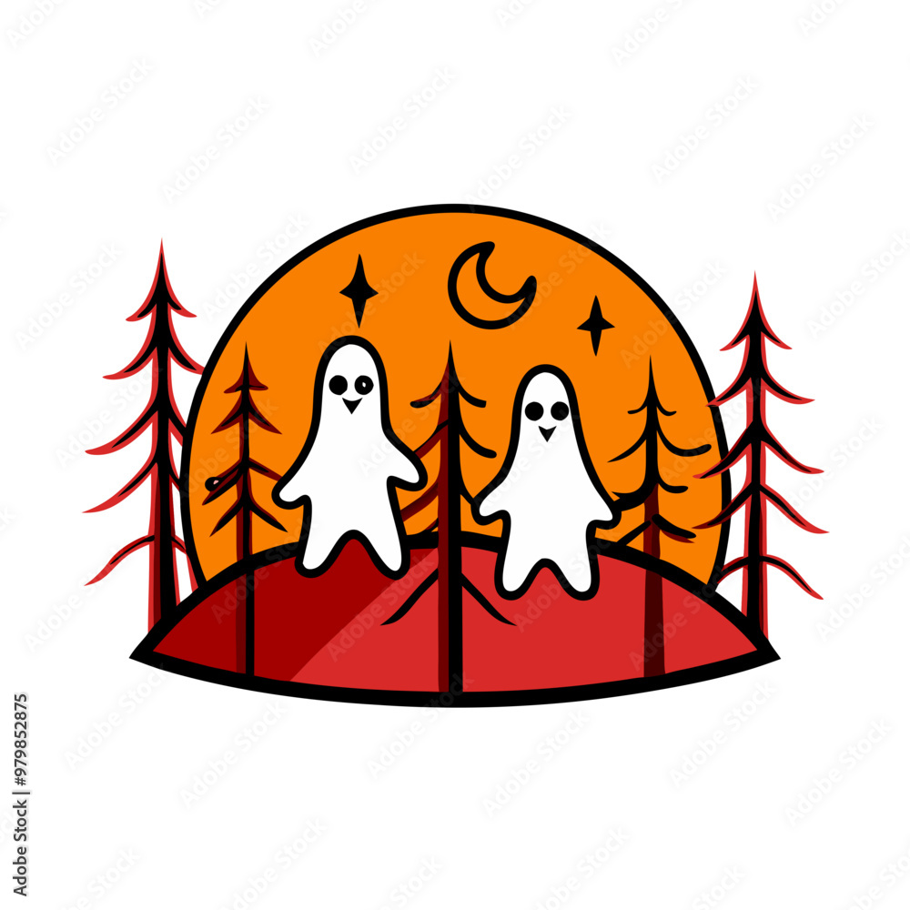 Two ghosts standing in a forest with a red moon in the background. Scene is spooky and eerie Two ghosts standing in a forest with a red moon in the background. Scene is spooky and eerie