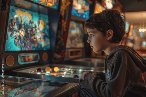 A vintage arcade with kids playing pinball and air hockey