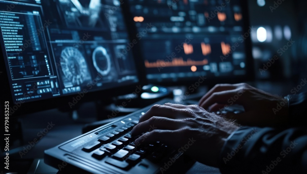 Close-up of hands typing on a keyboard in a control room a dimly lit command center with screens displaying data and graphs Generative AI Close-up of hands typing on a keyboard in a control room a dimly lit command center with screens displaying data and graphs Generative AI