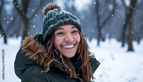 A cheerful young woman with a beanie and winter coat enjoys the snowfall, representing winter joy, outdoor activities, and happiness.