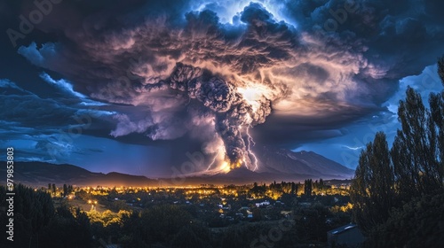 A time-lapse view of a volcano erupting, with streaks of lightning flashing through the ash cloud above the crater