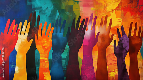 Hands of diverse group of people together raised up. Concept of support and cooperation, friendship.
