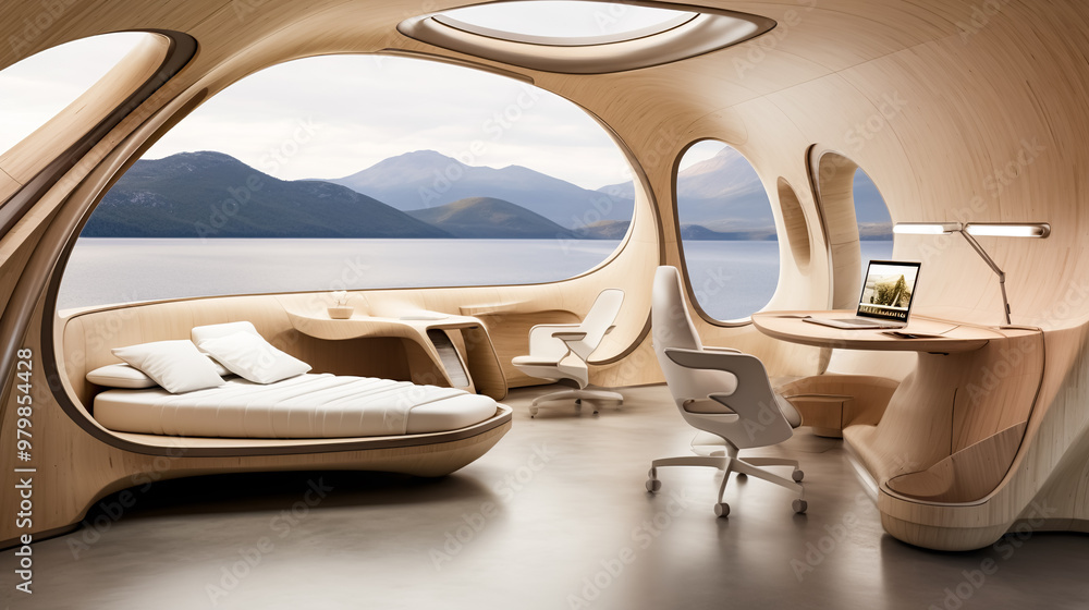 Futuristic interior design of a modern bedroom with a huge oval window and views of the lake and mountains in the distance Futuristic interior design of a modern bedroom with a huge oval window and views of the lake and mountains in the distance