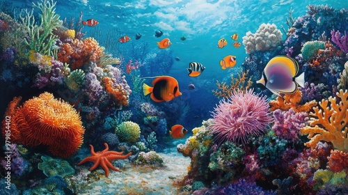 Fototapeta Naklejka Na Ścianę i Meble -  A vibrant coral reef scene with a variety of marine life, including colorful fish, sea anemones, and starfish