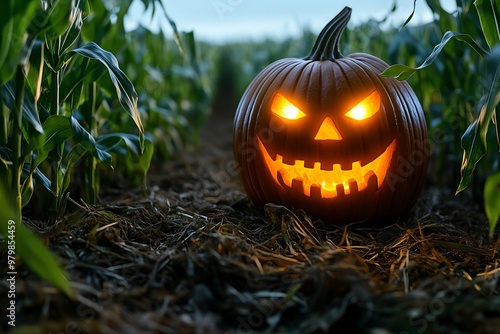 A pumpkin-headed figure emerging from a cornfield, its eyes glowing with an eerie light photo