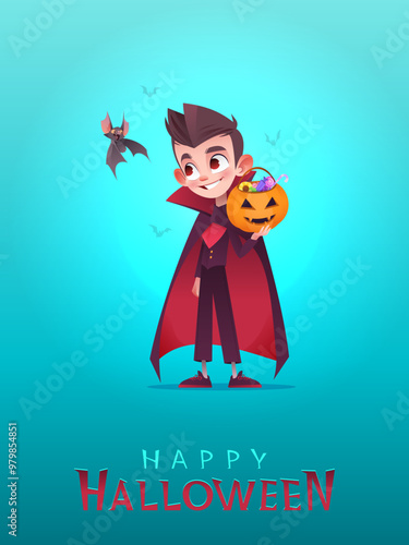 Little boy in vampire Halloween costume. Cute little kid holding pumpkin basket with candies. Flying bat. Trick or Treat banner or postcard. Happy Halloween lettering. Cartoon vector illustration