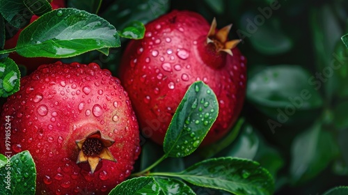 Close up photo of pomegranate fruit and leaves with raindrops photo