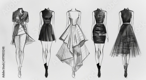 A fashion design sketch featuring five different outfit ideas for women, featuring pencil drawings in black and white on a plain background. The designs focus mainly on the body with short dresses or  photo