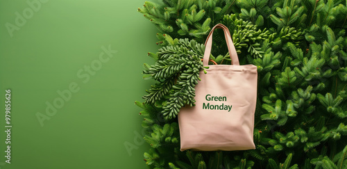 Reusable cotton bag on lush evergreen foliage with Green Monday text photo