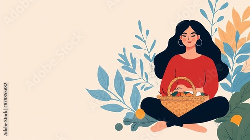 Grounded Taurus woman with a picnic basket, embodying comfort and stability