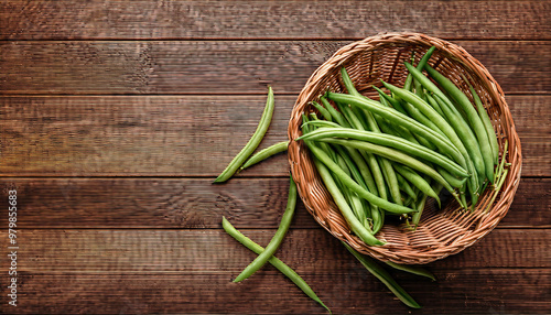 Green beans in a wicker basket on a wooden background. Top view with copy space