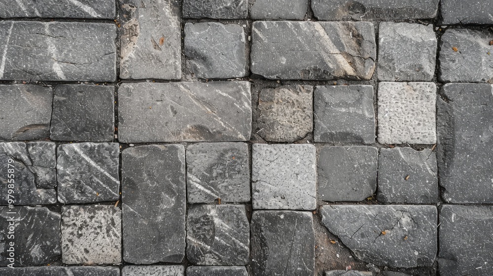 Obraz premium Close up shot of gray square and rectangular paving stone tiles on a road surface creating an abstract background with texture and space for text